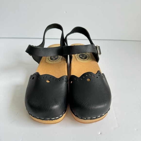 Skola Kajsa Clogs Mary Jane Sandals Black Leather Wood Sole Shoes Womens 36 6 - Picture 7 of 12